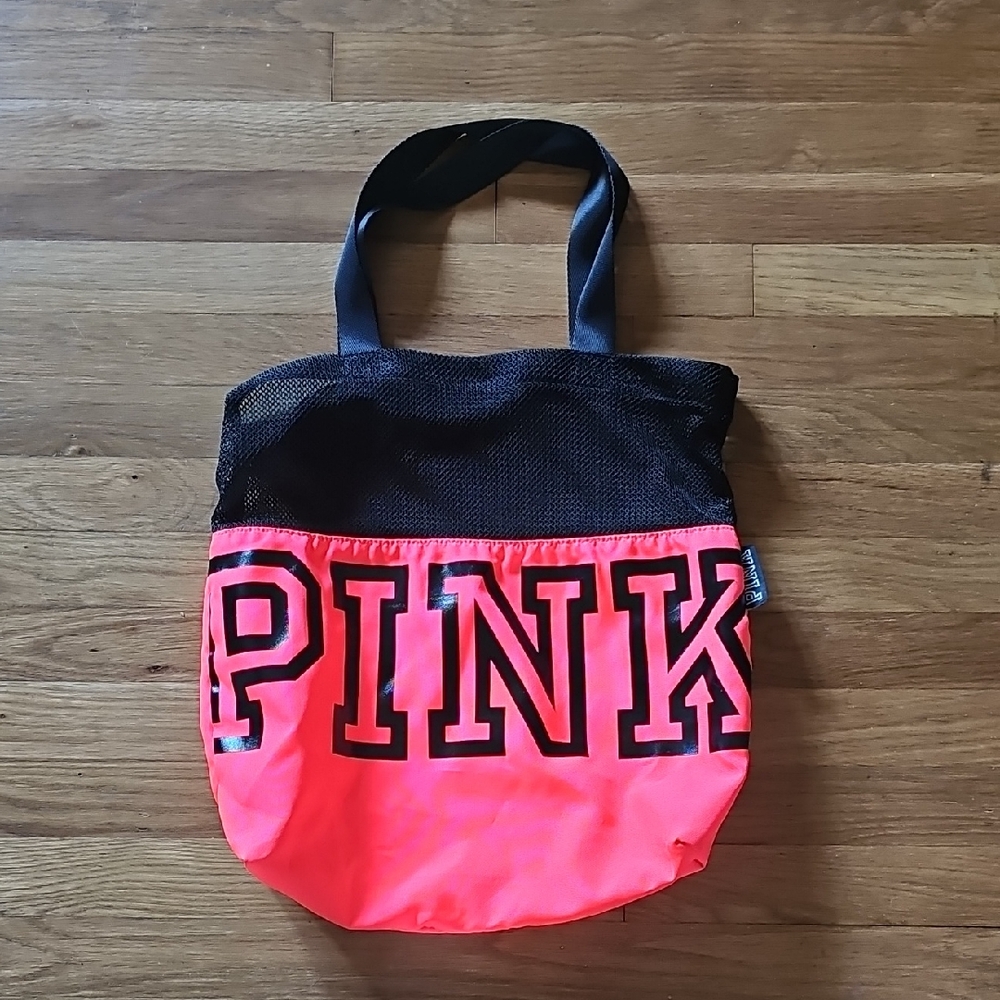 Neon Pinky Orange & Black Victoria's Secret Mesh Tote Bag